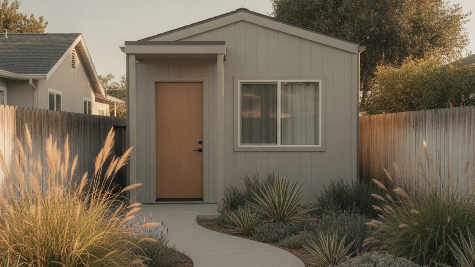 A manufactured home ADU installed on the rear of a San Diego County residential lot with the main house visible in the background