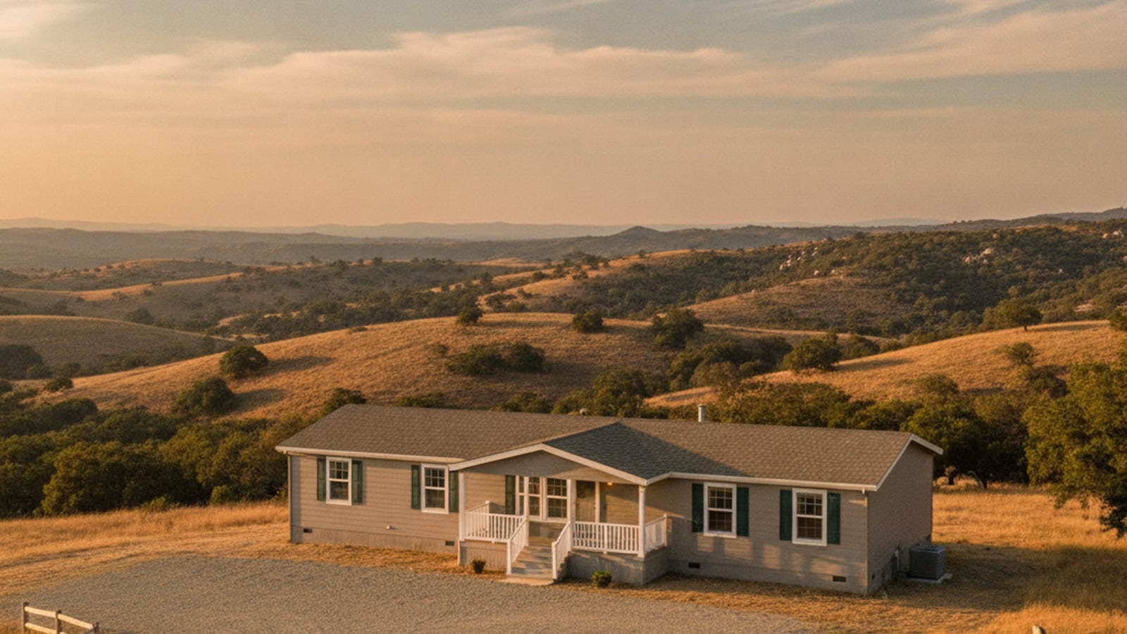 A manufactured home on a permanent foundation on a rural San Diego County lot with a driveway and mature trees