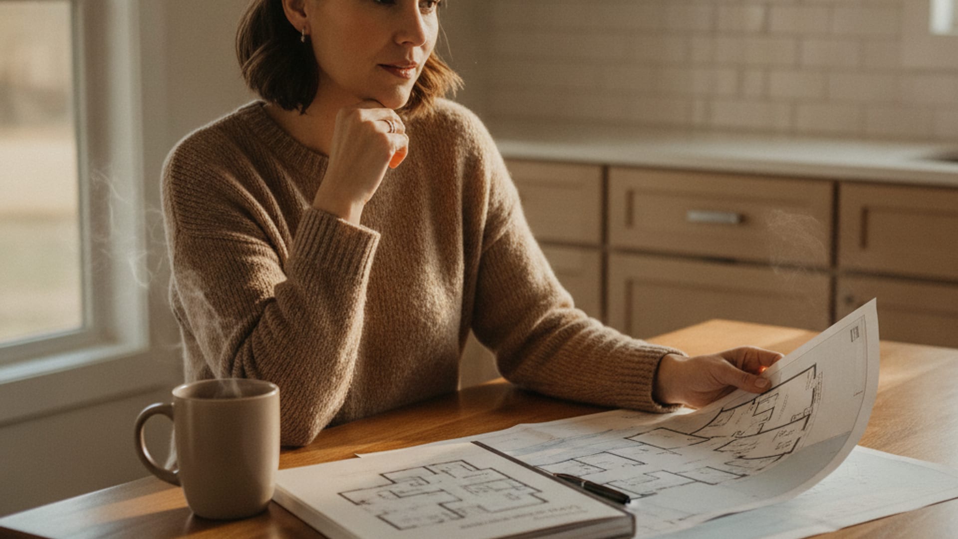 A buyer reviewing paperwork with a consultant at a table with a manufactured home visible through the window in San Diego County