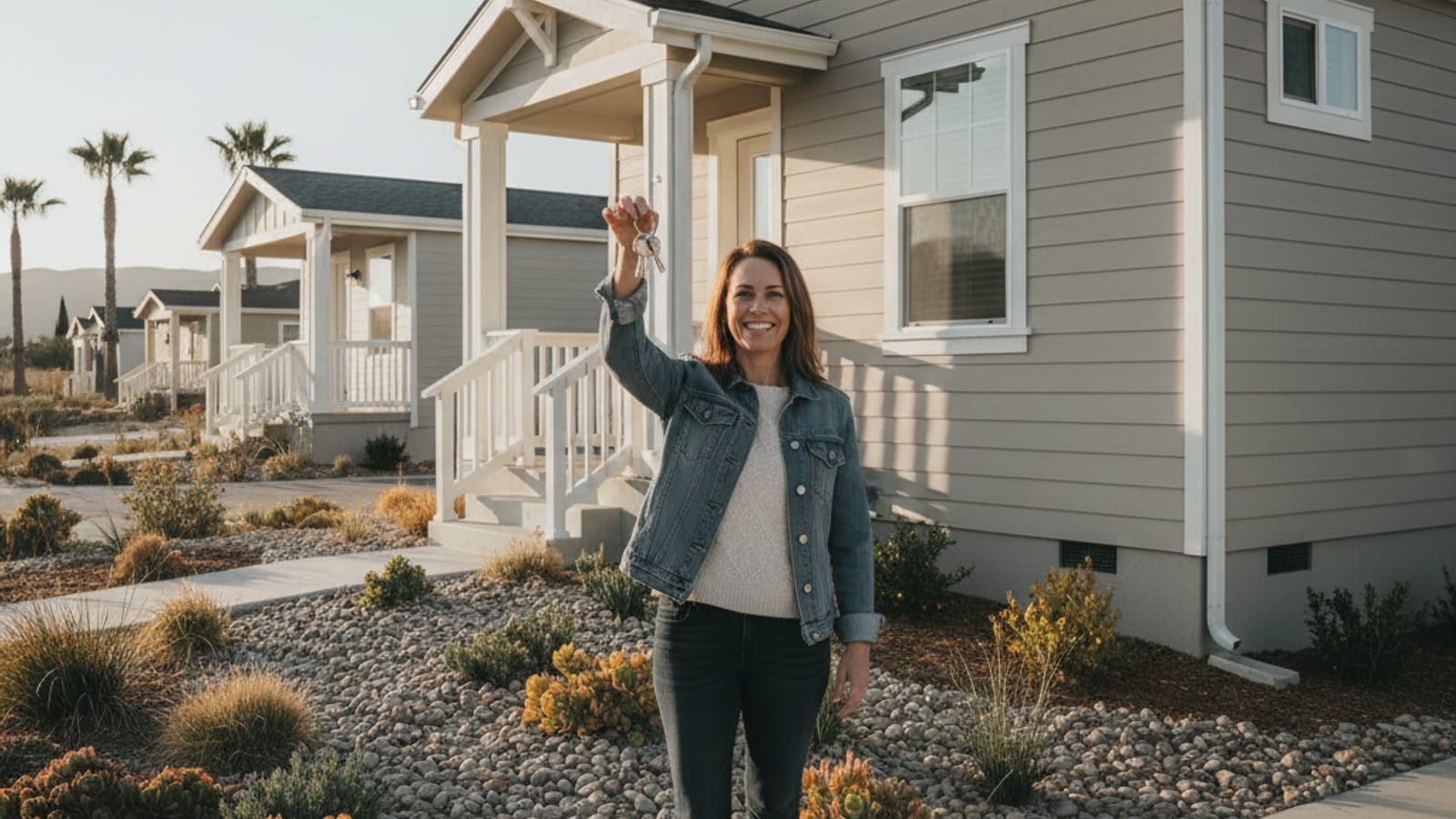 Buyer receiving house keys in front of their new manufactured home in a San Diego neighborhood