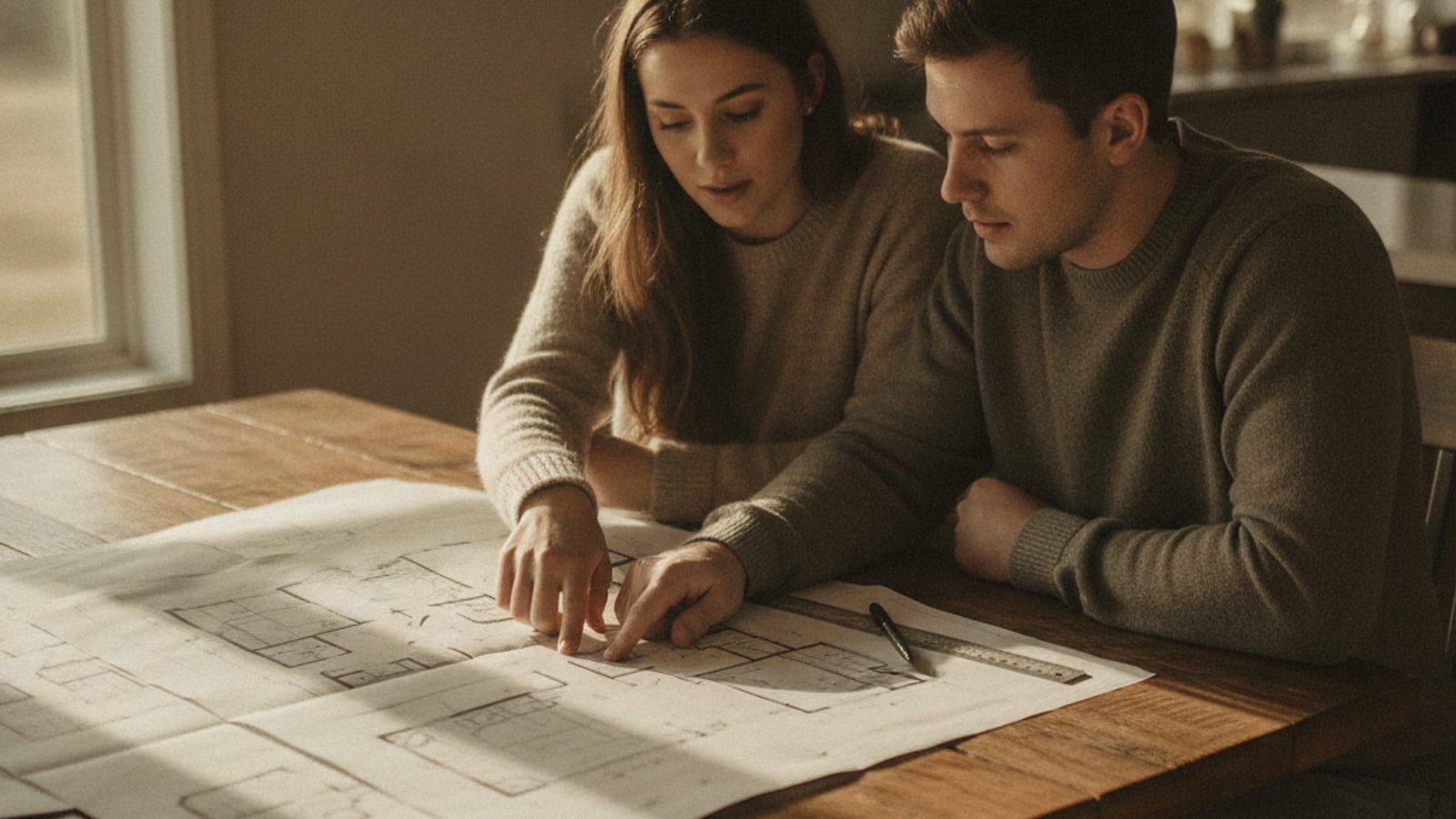 Couple sitting together reviewing printed manufactured home floor plans spread on a table