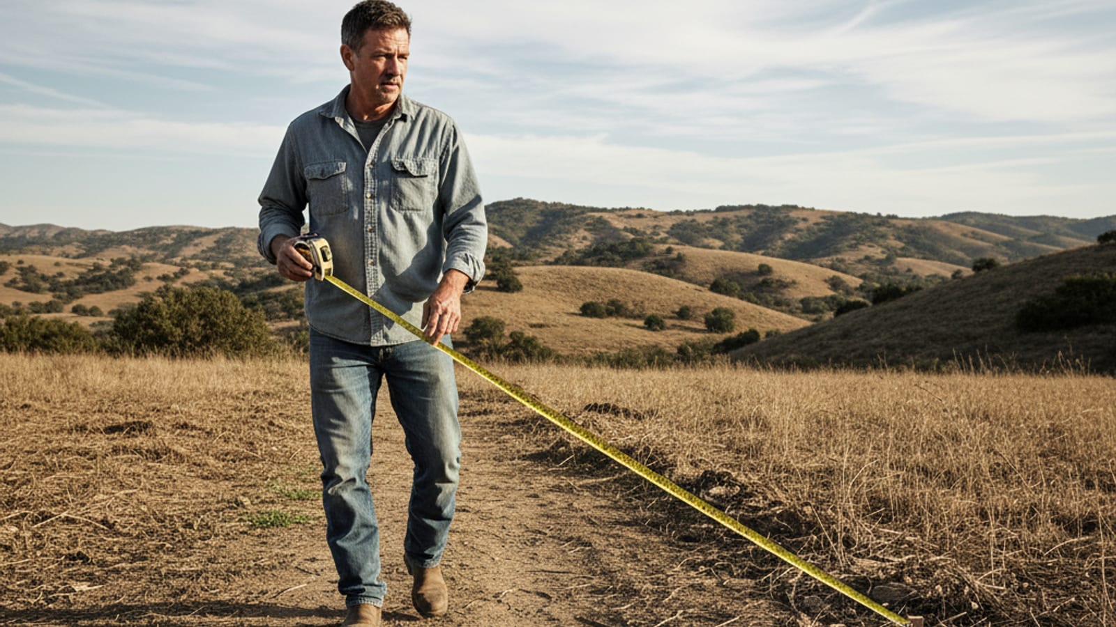 Man inspecting a cleared rural parcel in San Diego County, walking the land with a notepad