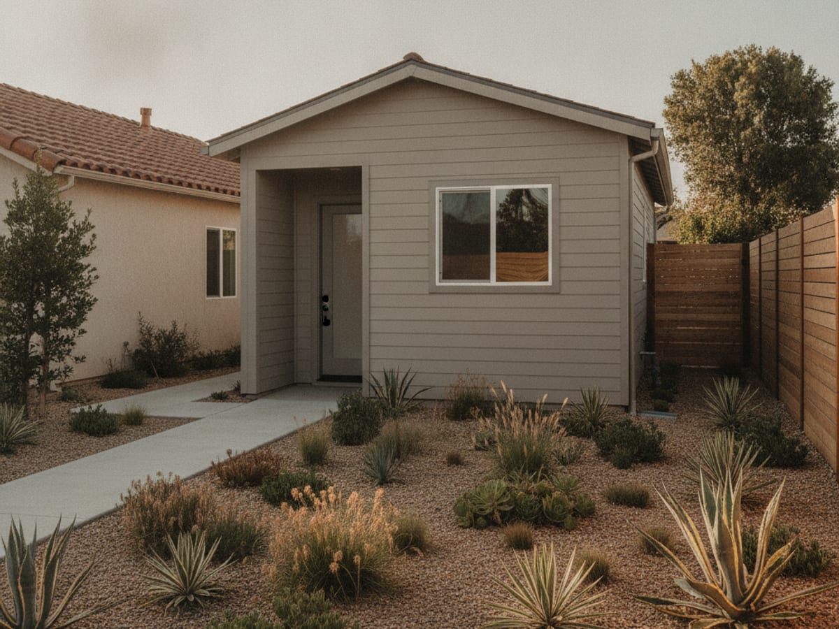 Compact manufactured home installed as a backyard ADU on a San Diego County residential lot