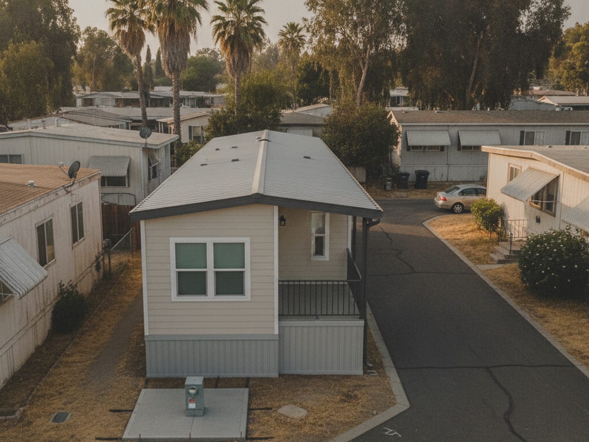 New double-wide manufactured home being positioned on a park space in San Diego County after removal of an older mobile home